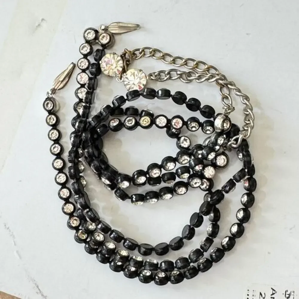Vintage Black Metal White Rhinestone Multi-strand Necklaces-Set of 2 + bonus